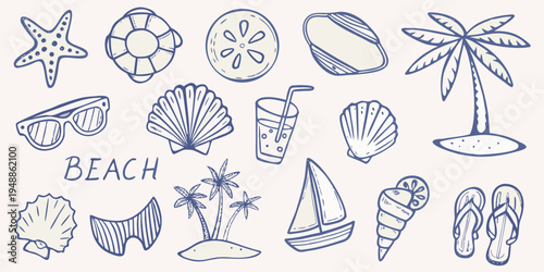 Hand drawn summer icons including seashells palm trees and beach accessories