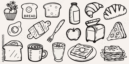 A charming doodle illustration of various breakfast foods and bakery items