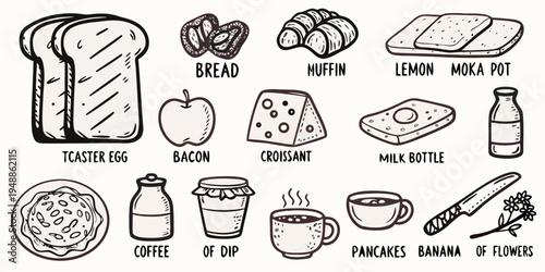 Hand drawn illustration of breakfast foods and kitchen items in black and white