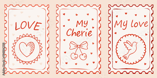 Three hand drawn postage stamps with love themed illustrations and text