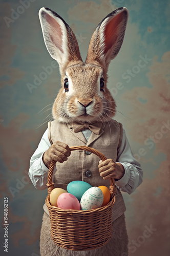Cute Easter bunny in vintage clothes with egg basket watercolor