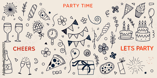 Doodle illustration of celebratory items like balloons cake and party favors