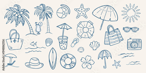 Blue line drawing of summer vacation icons and tropical elements