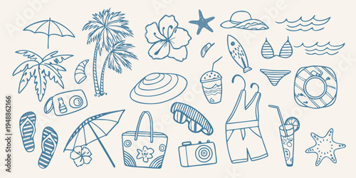 Blue line drawing of various summer vacation and beach themed items