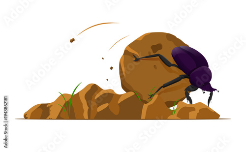 Flat vector illustration of a dung beetle rolling a large ball of dung over a dirt mound, nature and insect behavior concept isolated on white background.