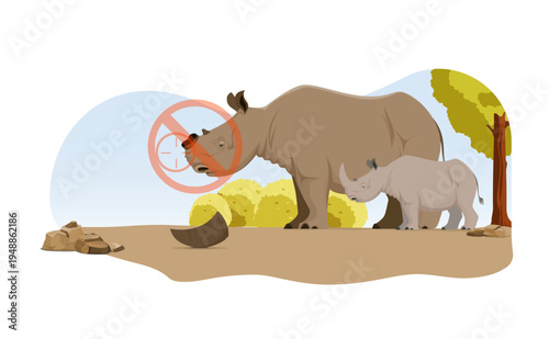 nti-poaching concept vector illustration featuring a mother rhino and her calf in the savanna with a "no hunting" crosshair symbol over the horn, wildlife protection and conservation theme