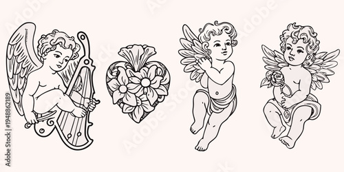 Vintage cherub illustrations with floral hearts and delicate wing details