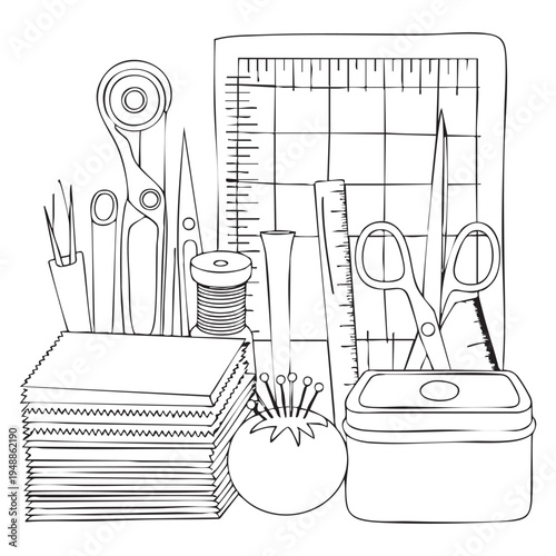 A collection of sewing and crafting tools and supplies arranged on a table scissors