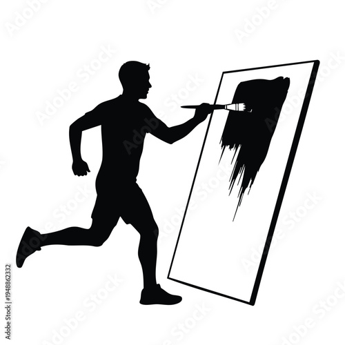 Running man silhouette painting on canvas using brush with black paint