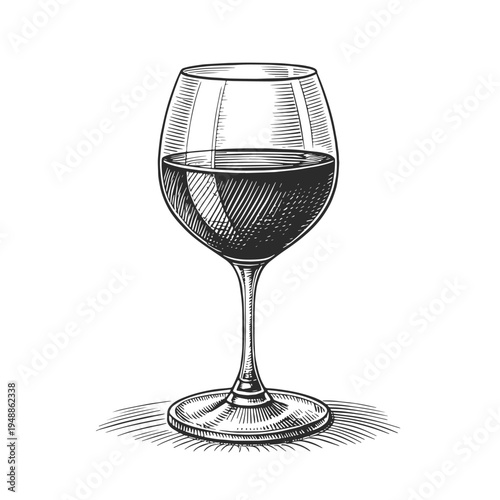 Vintage engraved wine glass with red wine. Hand drawn black and white vector illustration in retro engraving style, perfect for winery branding, wine labels, restaurant menus and bar design.
