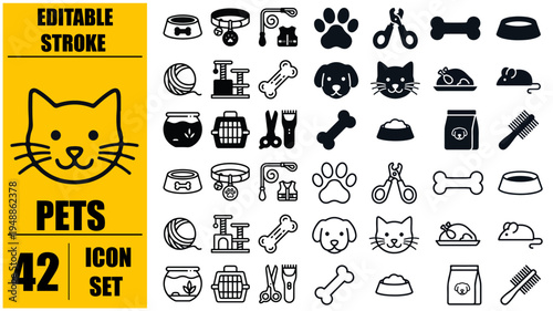 Pets icon set. Animal care and vet clinic symbol. Vector illustration. 