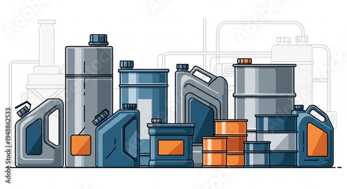 Various Industrial Oil and Chemical Containers Illustration.