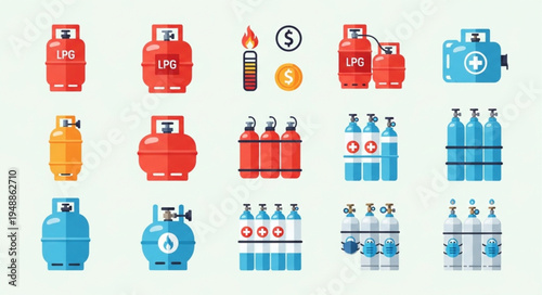 Collection of Gas Cylinders and Related Items in Vector Illustration.