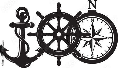 Set of 3 nautical icons vector, anchor, compass, ship wheel