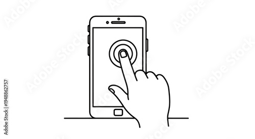 Minimal line illustration of a hand tapping a smartphone screen.