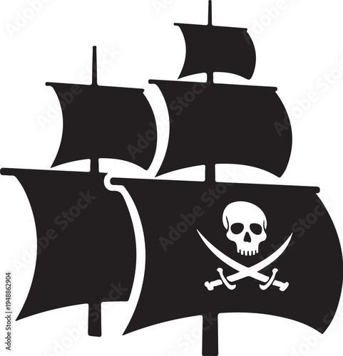 Vector pirate ship icon with skull and crossbones flag