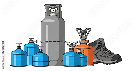 Camping Gear Illustration - Gas Canisters, Stoves, and Hiking Boot.