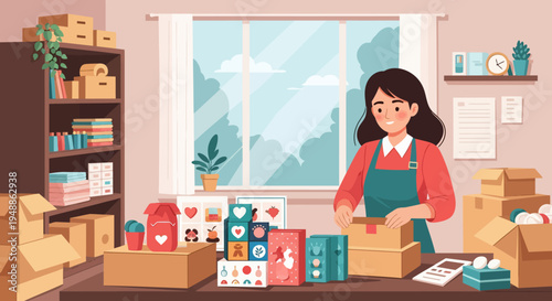 Woman packing shipping boxes.
