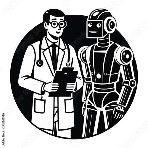 Doctor and Robot Assistant Medical Technology Vector 