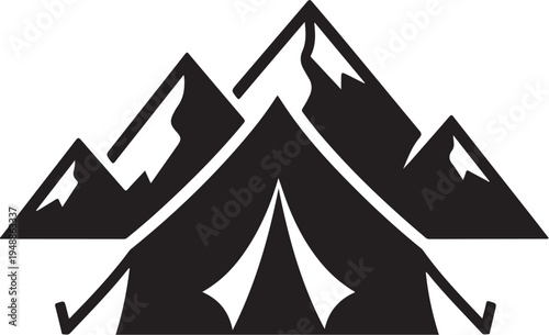Black mountain landscape icon with tent and crutches vector