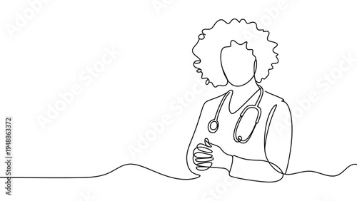 continuous line art doctor illustration with stethoscope, healthcare professional and medical support vector design