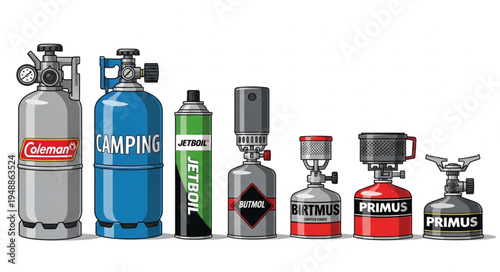 Collection of Portable Camping Stoves and Fuel Canisters for Outdoor Cooking.