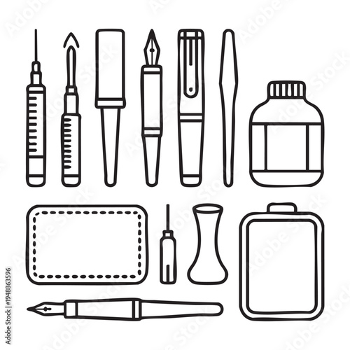 Black and white line of tattoo tools and supplies needles bottle