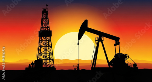 Silhouette of Oil Rigs at Sunset - Energy Production Landscape.