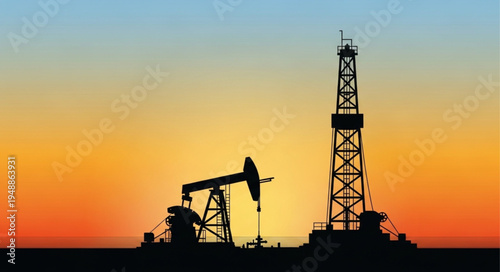 Silhouette of Oil Derrick and Pumpjack at Sunset - Energy Industry.