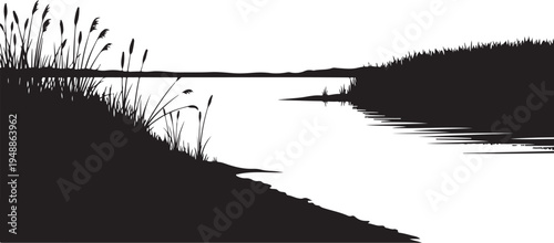 Black silhouette landscape with river and grassy bank vector illustration