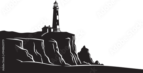 Vector lighthouse on cliff silhouette, black and white illustration