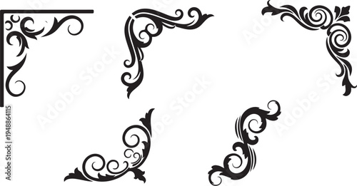 Set of 5 black ornate corner border vector elements