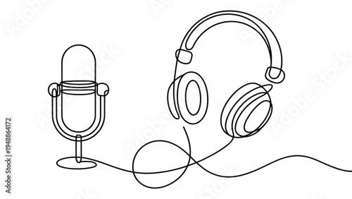 minimalist continuous line drawing of microphone and headphones audio podcast music recording concept simple outline vector illustration