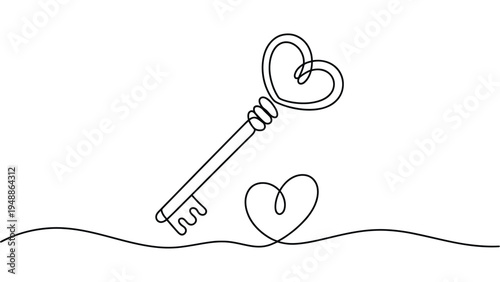 minimalist continuous line drawing of heart shaped key love romance concept simple outline vector illustration isolated