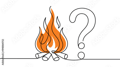 minimalist continuous line drawing of campfire with question mark curiosity survival concept simple outline vector illustration isolated