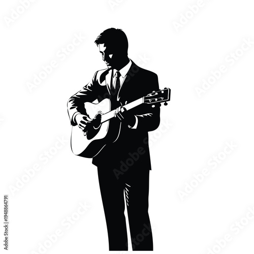 Silhouette man playing guitar suit elegant isolated on white background