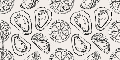 Seamless pattern of hand drawn citrus fruit slices on a pale background