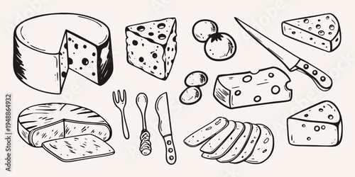 A collection of various cheeses cutlery and a fork in a sketch style