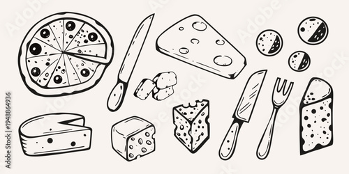 A hand drawn collection of cheese pizza and cutlery illustrations