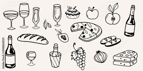 A collection of hand drawn picnic items including wine cheese and fruit