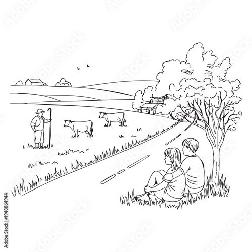 Couple sitting under tree with cows grazing in rural landscape