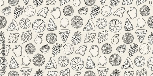 A seamless pattern featuring hand drawn fruits cheeses and citrus slices