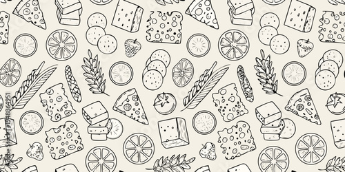 Seamless pattern of cheese citrus slices wheat and floral elements