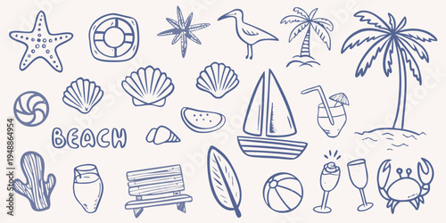 Hand drawn beach elements including shells plants and summer accessories