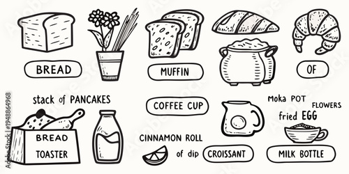 Hand drawn breakfast items including bread pastries coffee and eggs