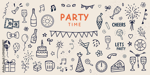 Hand drawn party elements balloons confetti champagne and festive decorations