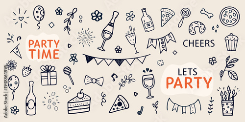 Hand drawn illustration of festive party elements and celebratory doodles