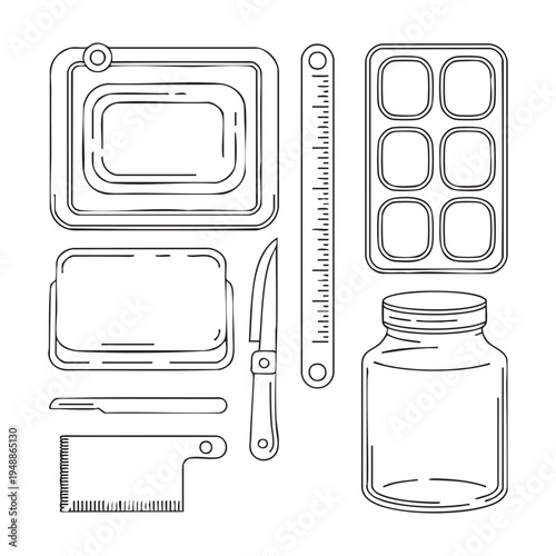 Line of baking tools including trays molds knife and jar line baking tools baking tray