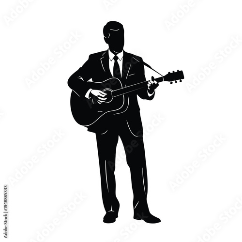 Silhouette musician playing guitar wearing suit isolated on white background