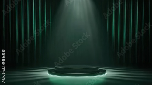 High-end presentation background featuring a black podium illuminated by a single beam of light on a dark green stage, evoking exclusivity and sophistication.